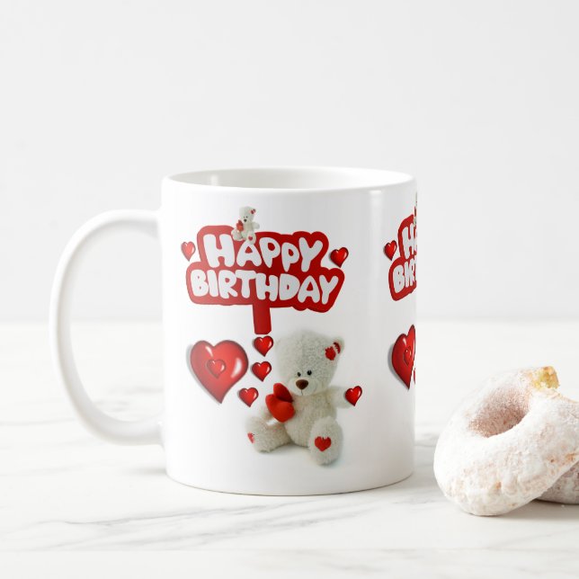 White Teddy Bear Mug Happy Birthday Mug (With Donut)