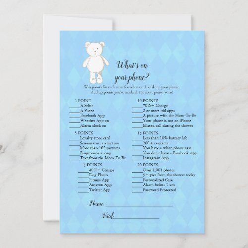 White Teddy Bear On Your Phone Baby Shower Game Invitation