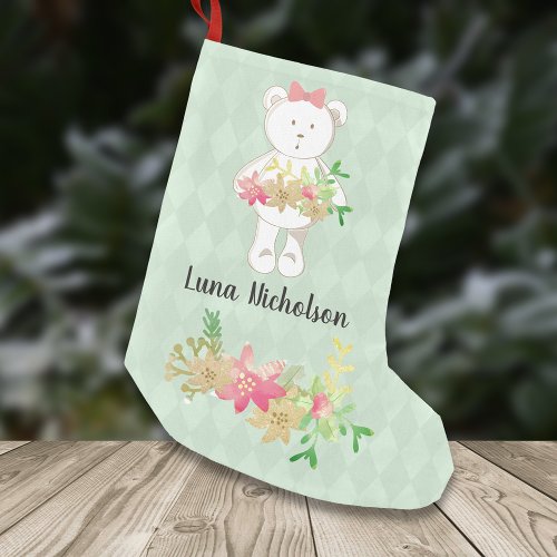 White Teddy Bear Pink Gold Poinsettia Floral Small Christmas Stocking