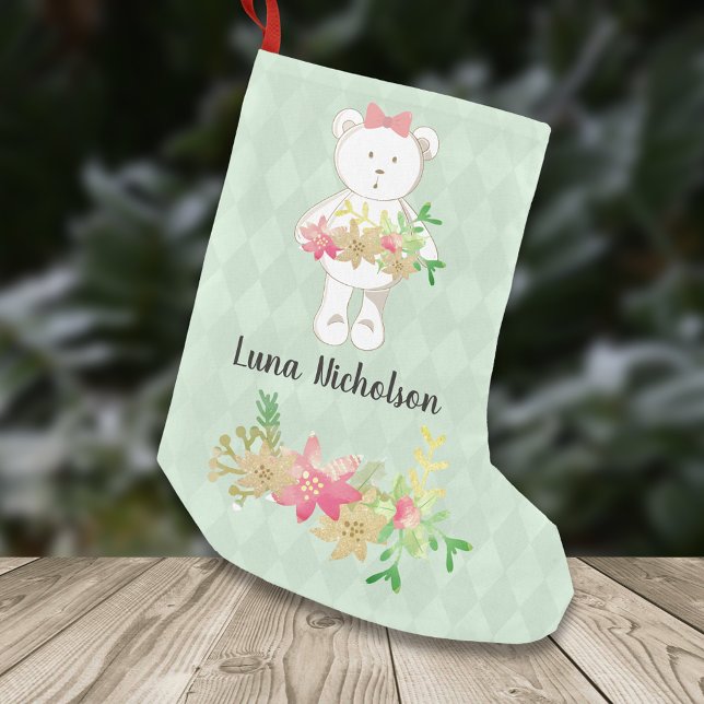 White Teddy Bear Pink Gold Poinsettia Floral Small Christmas Stocking (Creator Uploaded)