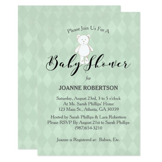 White Teddy Bear Sage Green Diamond Baby Shower Card