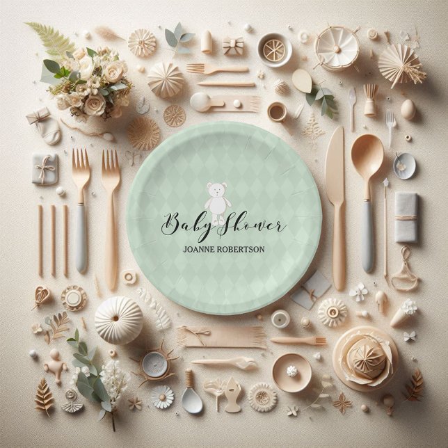 White Teddy Bear Sage Green Diamond Baby Shower Paper Plates (Creator Uploaded)