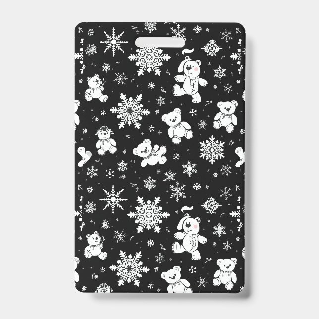 White Teddy Bear & Snowflake Seamless Pattern Badge (Front)