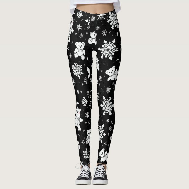 White Teddy Bear & Snowflake Seamless Pattern Leggings (Front)