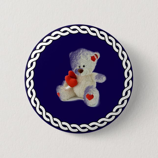 White Teddy Bear, white circle frame, Button (Front)