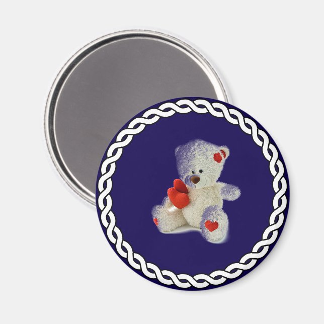 White Teddy Bear, white circle frame, Magnet (Front/Back)