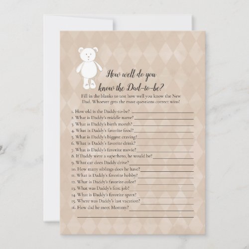 White Teddy Bear Who Knows Dad Best Shower Game Invitation