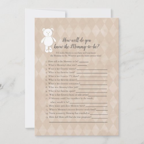 White Teddy Bear Who Knows Mommy Best Shower Game Invitation