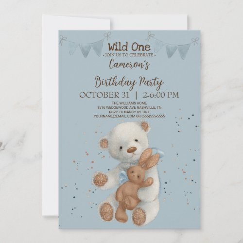 White Teddy Bear Wild One birthday Invitation