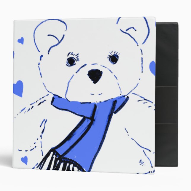 White Teddy Bear with Bright Blue Hearts 3 Ring Binder (Front/Inside)