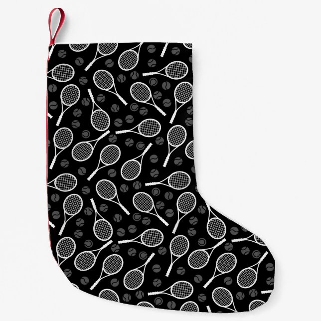 White Tennis Rackets and Grey Balls on Black Cool Small Christmas Stocking (Front)