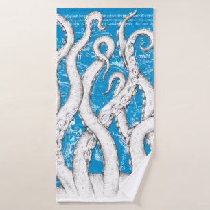 White Tentacles Octopus Vintage Map Blue Nautical Bath Towel Set