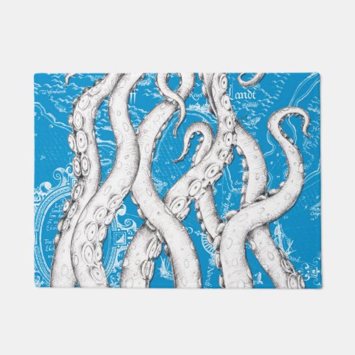 White Tentacles Octopus Vintage Map Blue Nautical Doormat