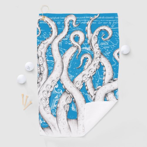 White Tentacles Octopus Vintage Map Blue Nautical Golf Towel