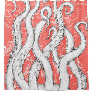 White Tentacles Octopus Vintage Map Coral Nautical Shower Curtain