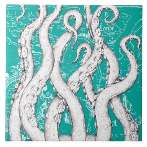 White Tentacles Octopus Vintage Map Teal Nautical Ceramic Tile