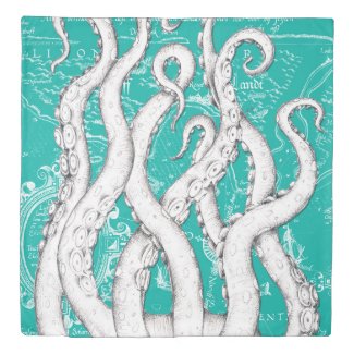White Tentacles Octopus Vintage Map Teal Nautical Duvet Cover