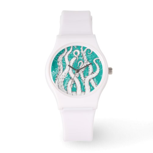 White Tentacles Octopus Vintage Map Teal Nautical Watch