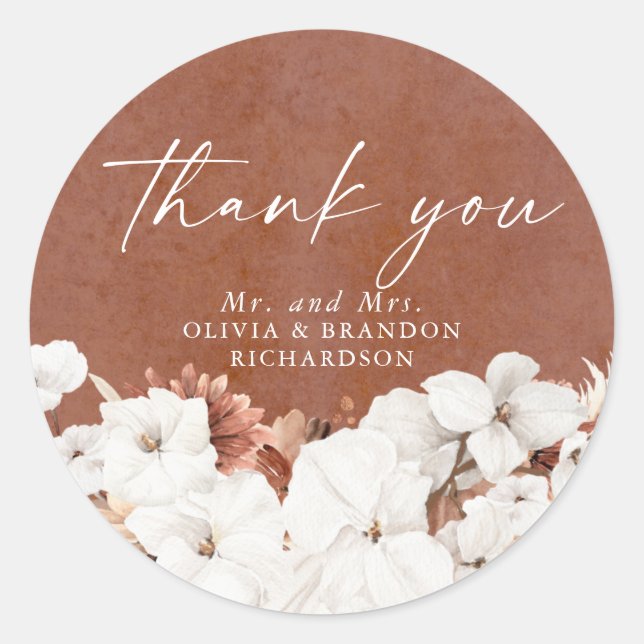 White Terracotta Flowers Boho Elegant Thank You Classic Round Sticker (Front)