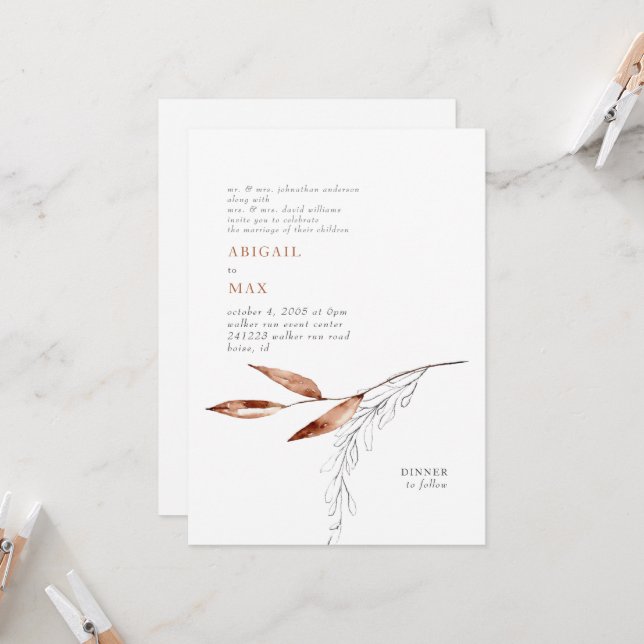 White/Terracotta Modern Foliage Parents Wedding Invitation (Front/Back In Situ)