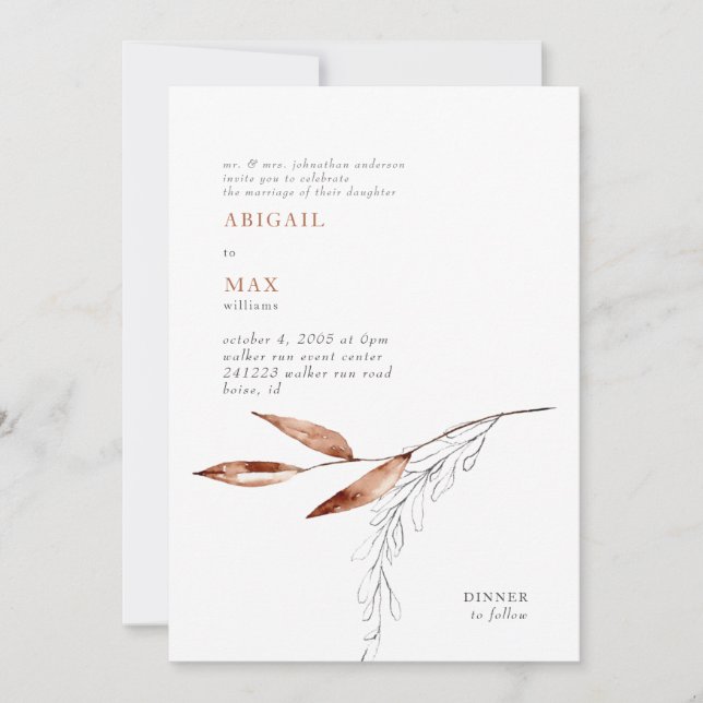 White & Terracotta Modern Foliage Wedding  Invitation (Front)