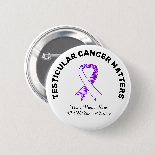 White Testicular Cancer Purple Ribbon Drawing Button (Front & Back)