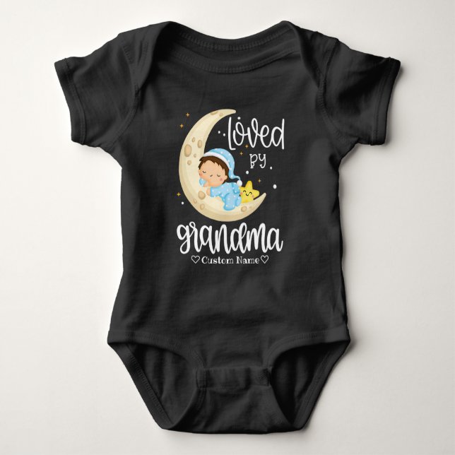 White Text Baby Boy on Moon - Loved by Grandma Baby Bodysuit (Front)
