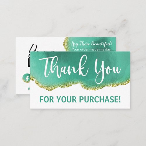 White Text Gold Teal Agate Thank You Purchase Business Card