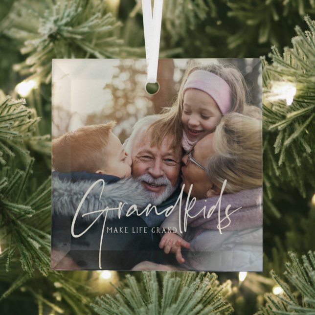 White Text | Grandkids Make Life Grand Photo  Glass Ornament (Insitu)