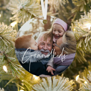 White Text   Grandkids Make Life Grand Photo Ornam Metal Ornament