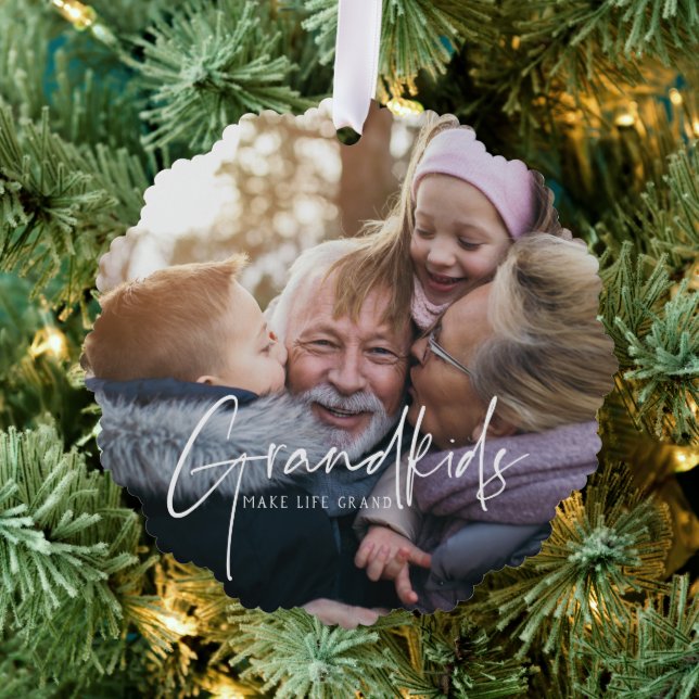 White Text | Grandkids Make Life Grand Photo Ornament Card (Insitu (Tree))