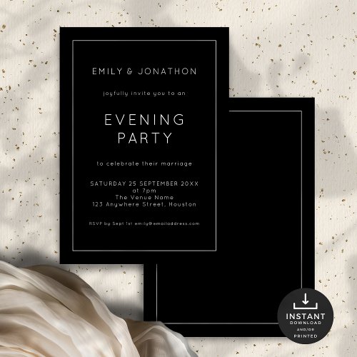 White Text Line Border Black Wedding Evening Party Invitation