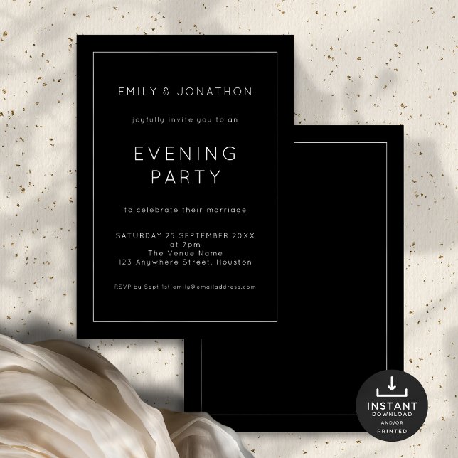 White Text Line Border Black Wedding Evening Party Invitation (Front and back view)