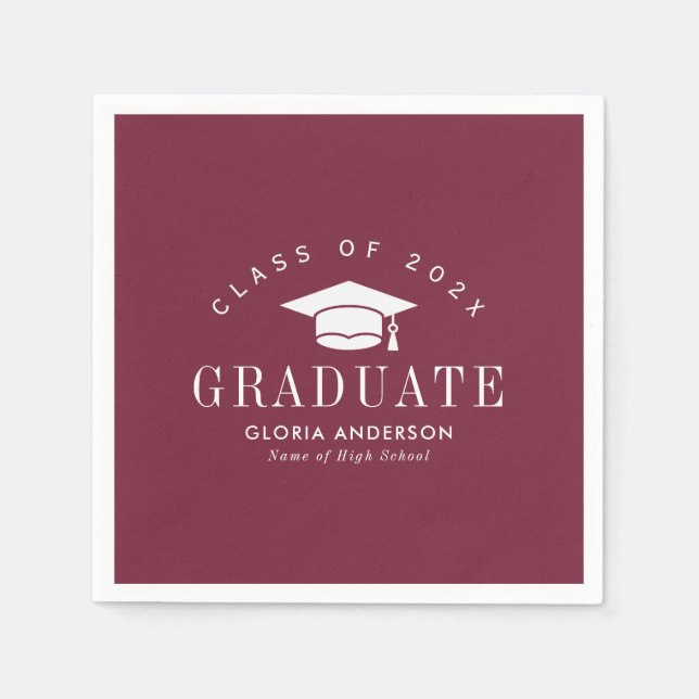 White Text Maroon Graduation Napkins (Front)