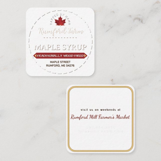 White Text on “Kraft" Maple Syrup Dashed Border Square Business Card (Front/Back)