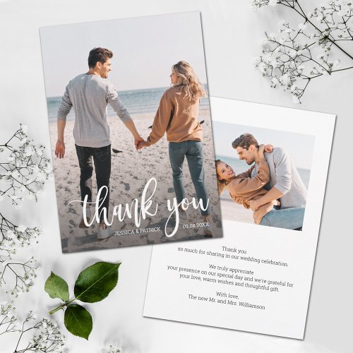 White Text Overlay Wedding Photo Thank You Card