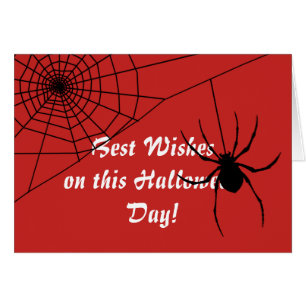 White Text, Spider & Web, Red Halloween Card