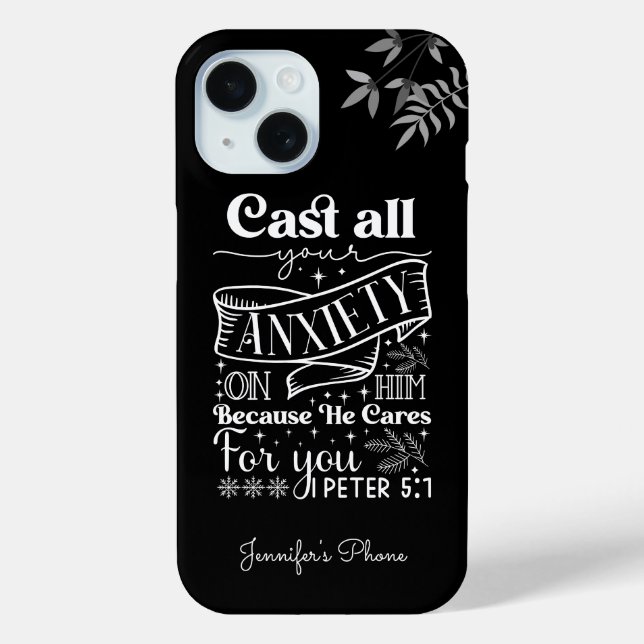 White Text Typography, 1 Peter 5:7 Scripture Case-Mate iPhone Case (Back)