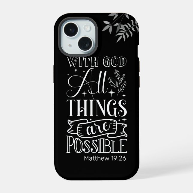 White Text Typography, Matthew 19:26 Scripture Iphone Case (Back)