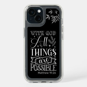 White Text Typography, Matthew 19:26 Scripture iPhone 15 Case