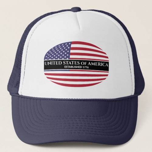 White Text United States of America Est 1776 Flag Trucker Hat