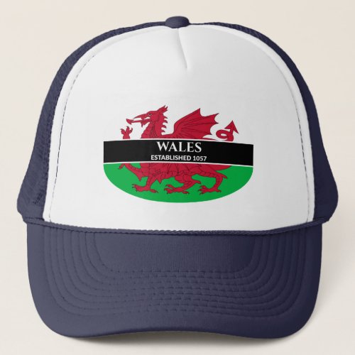 White Text Wales Established 1057 Welsh Dragon Trucker Hat