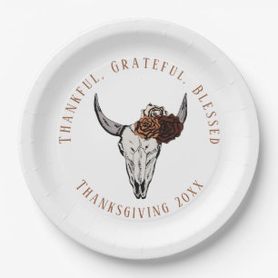 White Thankful Grateful Blessed Thanksgiving Paper Plates