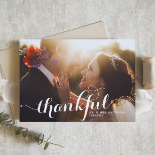 White Thankful Modern Calligraphy Photo Wedding Letterpress Thank You Card