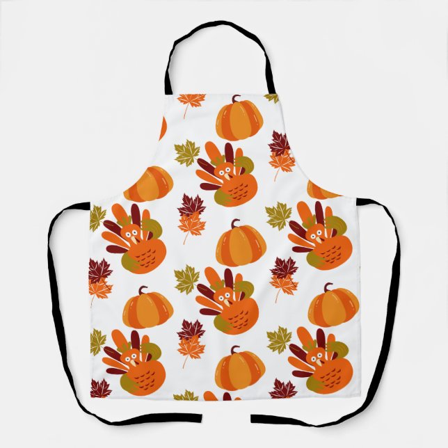 White Thanksgiving Turkey Pumpkin Autumn Leaves Apron (Front)