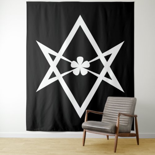 White Thelema Solid Unicursal Hexagram on Black Tapestry
