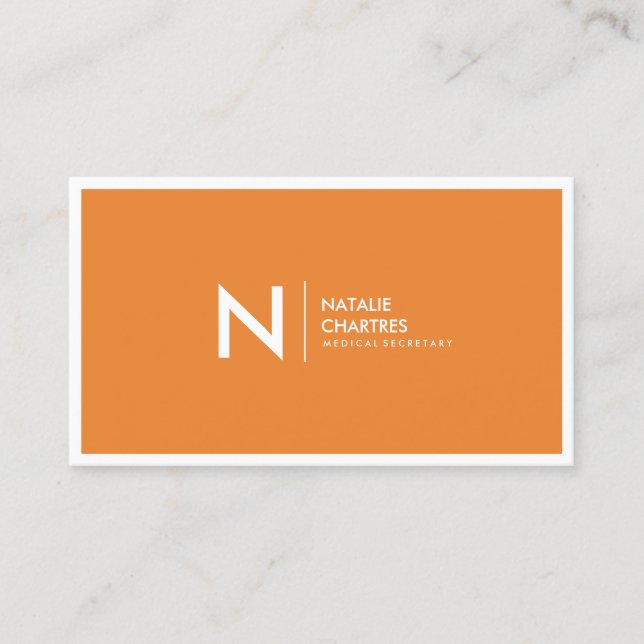 White Thin Framed Minimalist Monogram Orange Business Card (Front)