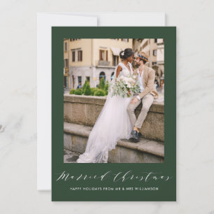 white thin script holiday wedding announcement