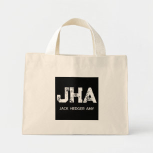 WHITE THREE LETTER MONOGRAM NAME BLACK NATURAL MINI TOTE BAG