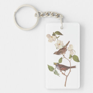 White-Throated Sparrow Audubon Bird in Dogwood Keychain